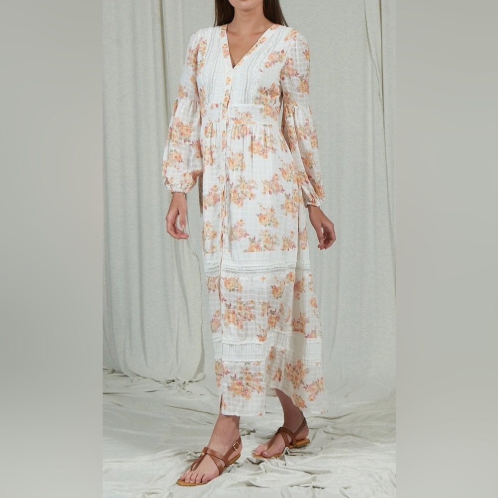 Women's White Floral Maxi Dress with Lace Trim